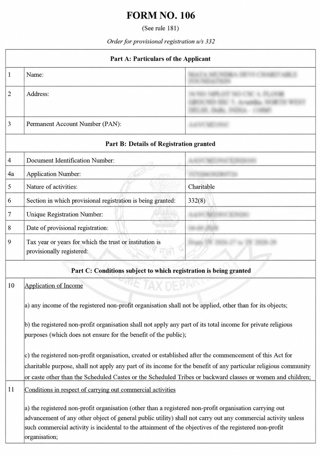 Form 106 — Order for Provisional Registration under Section 332(8) for 80G Approval