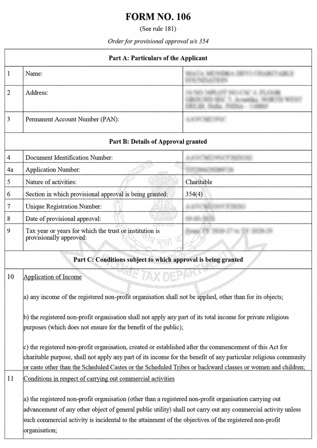 Form 106 — Order for Provisional Approval under Section 354(4) for 12A Registration